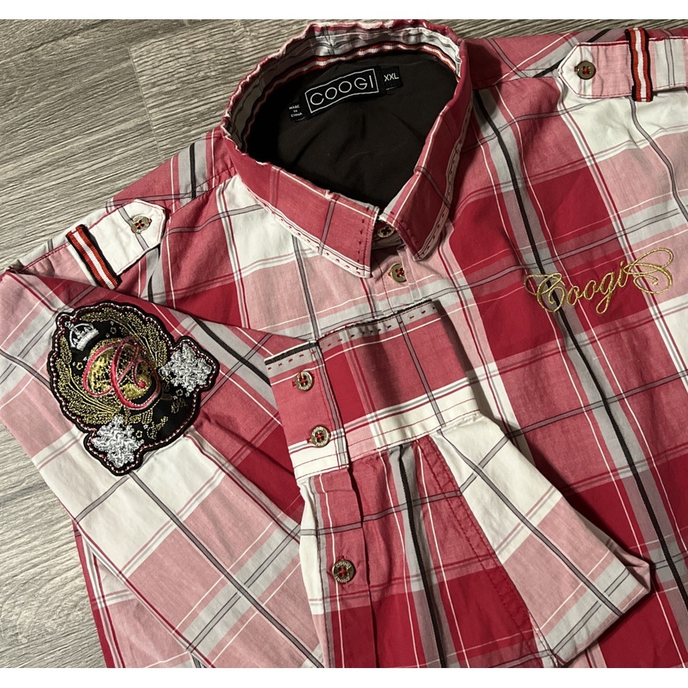 Coogi Men's Red/White Plaid Logo Embroidered Long Sleeve Button-Up Shirt SZ XXL